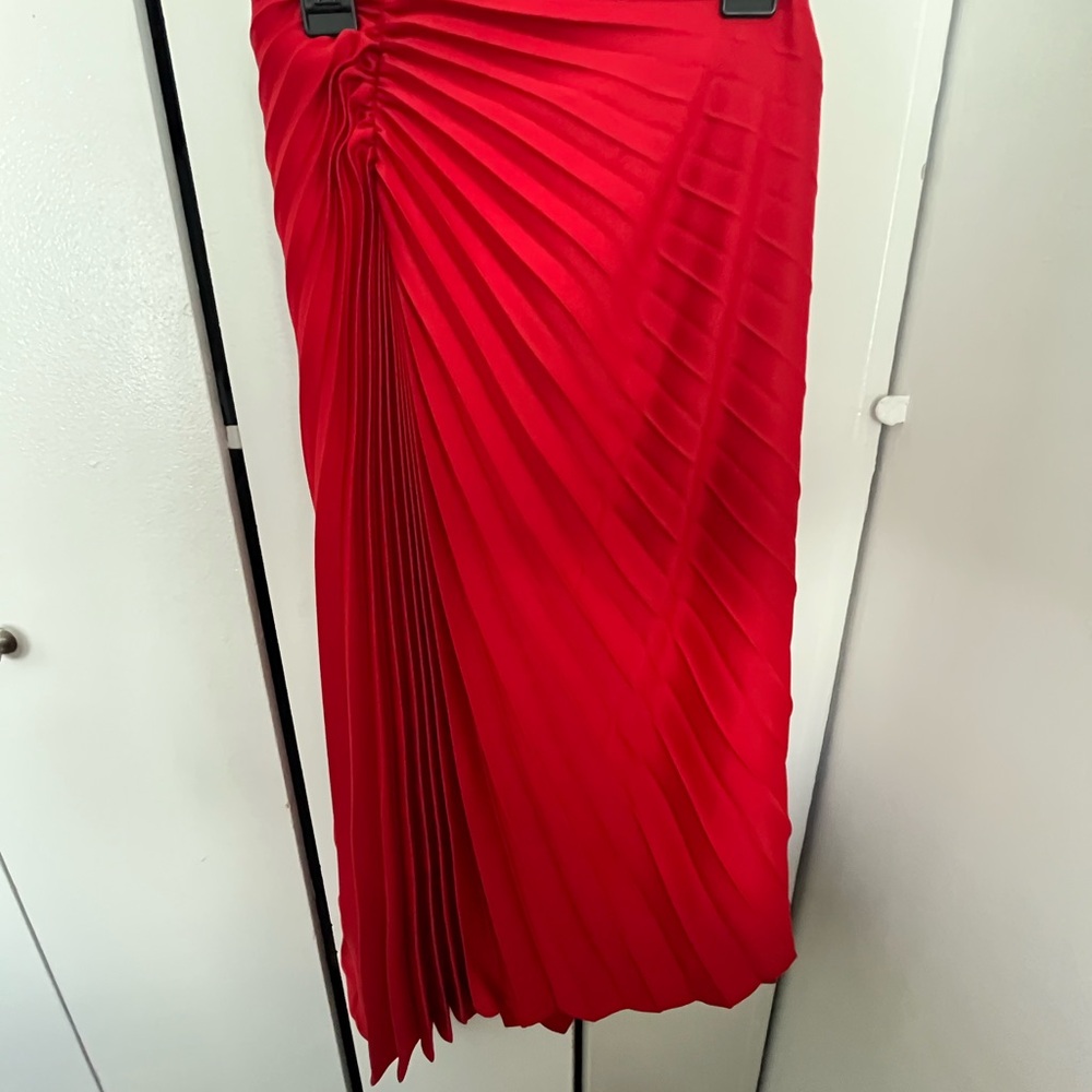 DKNY Asymmetrical Red Pleated Skirt